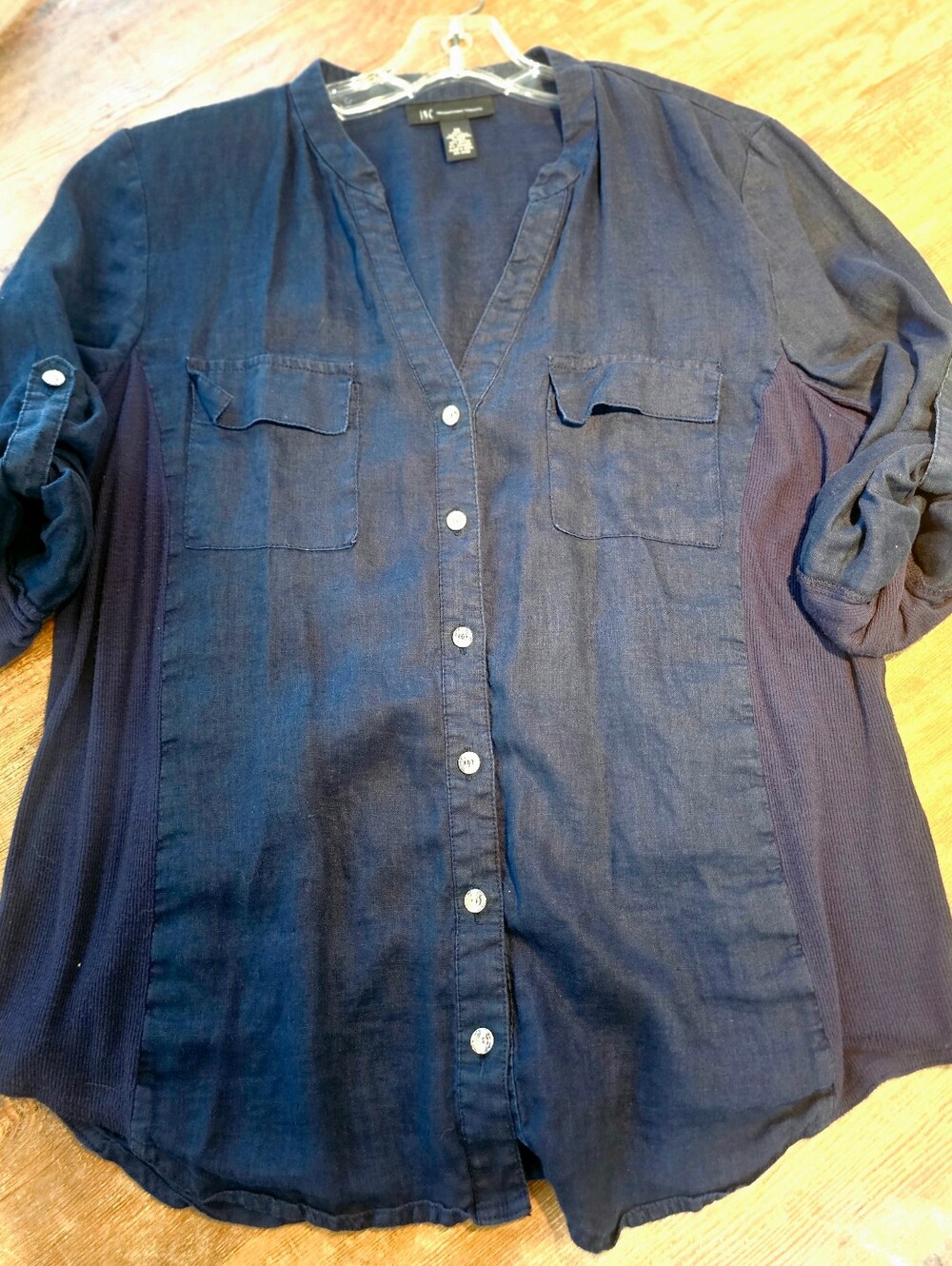 INC International Concepts Mixed-Media Linen Utility Blouse Navy Size 16 EUC